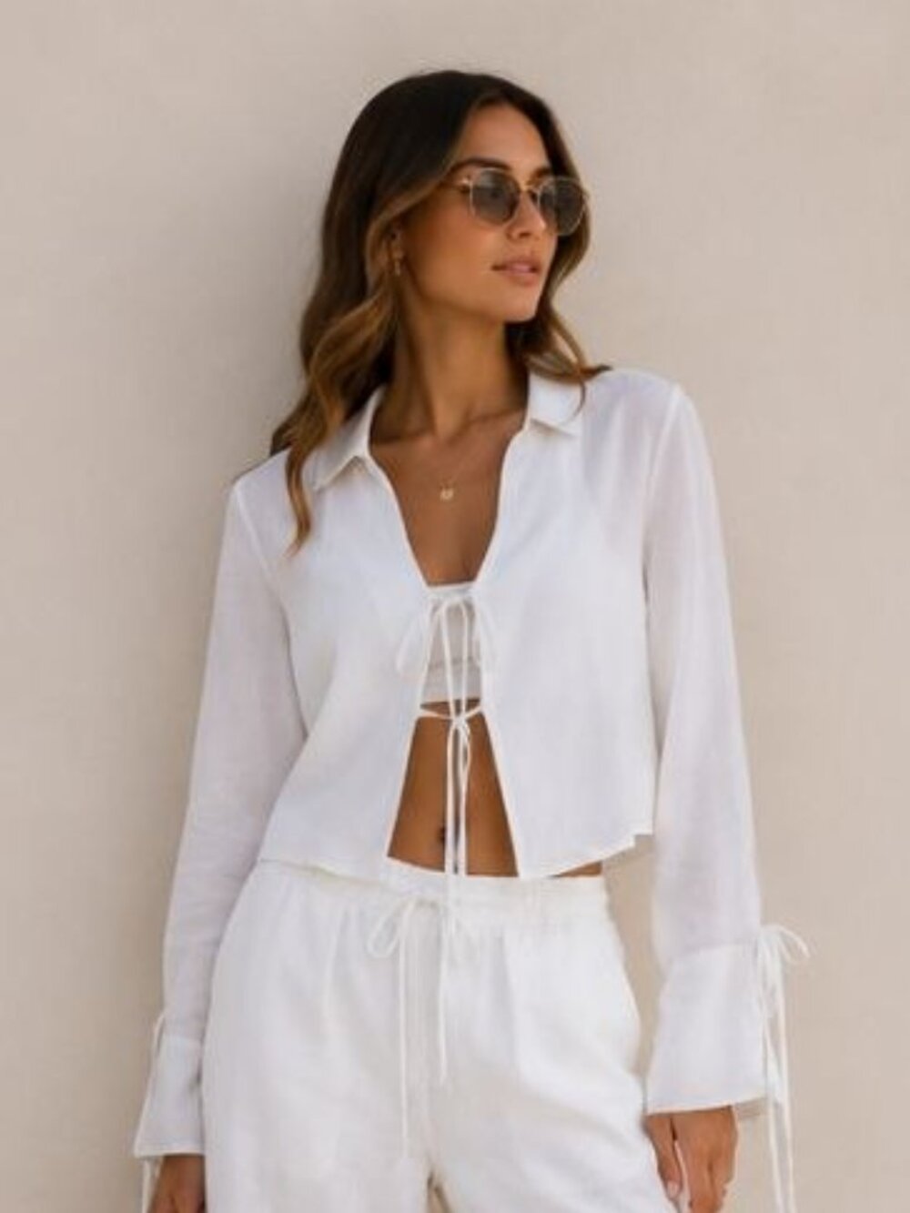 BLANKNYC White Tie Front Linen Blend Blouse Top Size M